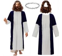 Yearntown Halloween Jesus Costume Set Adult Jesus Christ Outfit with Robe Wig Beard Thorn Headdress Cross Necklace for Men(Blue,Large)