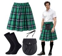 Yearntown Men's St Patrick's Day Costumes Kit Include Adult Irish Plaid Green Kilt Medieval Sporran 8 Inch - Leather Pouch with Tassels and Socks for St Patrick's Day and Irish Party (L,Normal)
