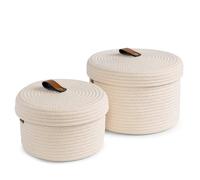 Yearonan 2 Pieces Storage Baskets with lids-Cotton Rope Lidded Basket-Natural cotton thread, leather buckle, Decoration Basket with Lid-Woven storage basket with lid.(White)
