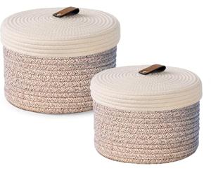 Yearonan 2 Pieces Storage Baskets with lids-Cotton Rope Lidded Basket-Natural cotton thread, leather buckle, Decoration Basket with Lid-Woven storage basket with lid.(White Brown)