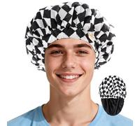 Years calm Satin Lined Shower Cap for Men Waterproof Reusable Checkerboard | Adjustable Elastic Band for Long & Curly Hair, XL Bath & Spa Cap for Travel, Fashion Dual-Layer Design Hair Cap