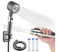 Yeaskyart High Pressure Shower Head and 1.5m Hose, Hard Water Filter Shower Head with Stand, 3+1 Spray Jet Mode, Pause Switch, Handheld Massage Showerhead Filter for Chlorine Remove (Grey)