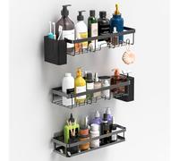 YEAUPE PRO 5-Piece Drill-Free Shower Shelf & Basket Set - Black Adhesive Bathroom Organizer with 2 Quick-Dry Racks, One Large Basket & 2 Toothbrush Holders - No Tools, Rust-Proof