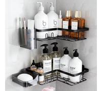 YEAUPE PRO Corner Shower Caddy No Drill, 4 Piece Bathroom Storage Set with 2 Corner Shower Shelves, Toothbrush Holder & Soap Dish, Extra Large 60 × 140 mm Adhesive, Rustproof Metal, Black