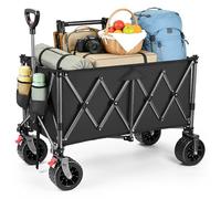 YEAUPE PRO Folding Camping Wagon 200L - Heavy Duty Collapsible Utility Cart with Dual Cross Frame, 7” Tank Wheels, Front Double Brake, 100×60cm Mesh Bag, Black Foldable Outdoor Trolley
