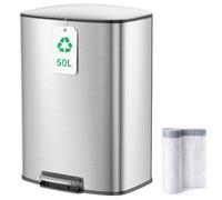 YEAUPE PRO Kitchen Bin 50L, Pedal Bin with Soft-Close Lid, Stainless Steel Rubbish Bin for Recycling and Waste with Handle, Removable Inner Buckets Trash Can, with 15 Bin Liners, Space Silver