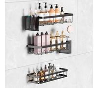 YEAUPE PRO Shower Caddy 5 Pack, No Drilling Adhesive Shower Shelf Set, Black Bathroom Organiser with 2 Shower Shelves, Basket & Toothbrush Holders, Rustproof Aluminium