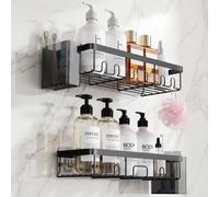 YEAUPE PRO Shower Caddy Bathroom Shelf Set, 4 Pack No Drill Shower Shelves with 2 Large Shower Caddies & 2 Toothbrush Holders, Extra Large 70 × 250 mm Adhesive, Rustproof Metal, Black