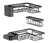 YEAUPE PRO Shower Shelf No Drilling Corner - 5-Piece Bathroom Shelf Set with 2 Corner Shelves, Soap Dish, Toothbrush Holder & Basket, Self-Adhesive Wall Shelf, Black