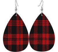 Yebio Red and Black Tartan Scottish Leather Lightweight Leaf Dangle Teardrop Earrings