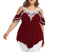 YEBIRAL Blouse for Women Plus Size Lace Irregular Skew Collar Belt T-Shirt Tops Fashion (X7 Wine, 4XL)