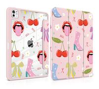 Yebiseven Case for iPad Pro 11 Inch (M5 2025 M4 2024) - [Built-in Pencil Holder], Shockproof & Stylish, Clear Hard Back + Soft TPU Edge, Magnetic Trifold Stand, Auto Wake/Sleep, Cherry & Lip