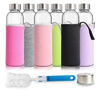 YEBODA Glass Water Bottles 18oz Bottles For Beverage, Juice and Juicer Use Stainless Steel Caps - Including Colorful Nylon Protection Sleeve,Pack Of 6