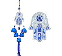 Yebon Handcrafted Blue Evil Eye Wind Chimes - Hamsa Hand Metal Hanging Ornament with 5 Bells, Boho Home & Garden Decor, Protection Amulet Gift (44cm)