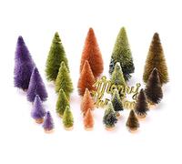 Yechiry 20pcs Mini Christmas Trees Set, Artificial Pine Trees for Village Display with Sturdy Wooden Bases Merry Christmas Sign, Winter Scenery Train Railway Holiday Crafts