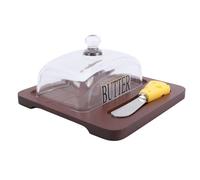 Yechiry Butter Dish with Lid, Easy Slicing, Transparent Glass, Stainless Steel Cutting Tool, Space Saving Design for Fridge or Countertop, Glass Lid, Stylish Wood Base (Dark Brown)