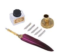 Yechiry Feather Pen Vintage Elegance Comfortable Writing Quill Pen Set for Calligraphy Lovers 27.7cm Stainless Steel with 5 Nibs (Dark Purple)