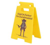 Yechiry Funny Office Desk Sign, Hold on Partner I'm Overstimulated Sign Frog Cow Boy Illustration Conversation Starter Office Humor Quotes Decoration Gifts for Coworker Team (Yellow)