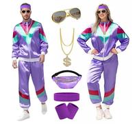 yecwkaz Costume 80s Woman Man Tracksuit Outfit 80s 90s Man Accessory 1980s Disco Carnival Costume for Halloween Party Fancy Dress Purple-M