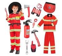 yecwkaz Firefighter Costume for Children Costume with 10 Pieces Accessories for Halloween Carnival Christmas Fire Exercise Education Cosplay Role Play Toys, 120 cm