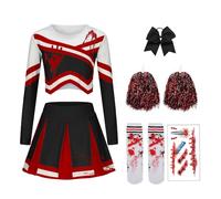 yecwkaz Pompom Girl Child Zombie Costume Halloween Girl with Pompoms Bow and Socks Cheerleader Costume for Halloween Carnival Masquerade, Red 170 cm