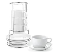Yedio Porcelain 4 oz Espresso Coffee Cups with Saucers and Metal Stand, Porcelain White Stackable Cappuccino Cups Set of 4
