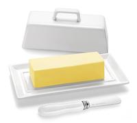Yedio Porcelain Butter Dish with Lid and Knife for Countertop Refrigerator,White Ceramic Covered Butter Holder with Handle for East West Coast Butter Stick, Dishwasher Safe