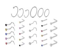 YEDJFFIYO 30PCS Nose Stud, Silver Nose Ring, Stainless Steel Nose Piercing Jewellery, L Shape Nose Stud with Cubic Zirconia for Daily Wear, Parties, Gifts