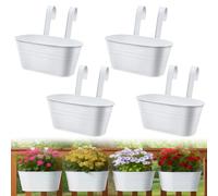 YedZen 4Pcs Metal Hanging Flower Pots, 27.5cm Iron Balcony Planters for Railing with Detachable Hooks＆Drainage Hole, Over Fence Hanging Planters for Outdoor Garden, White