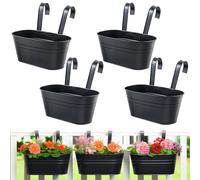 YedZen 4Pcs Metal Hanging Flower Pots, Large Metal Iron Hang Plant Pot with Detachable Hooks, Fence Hanging Bucket Pots, Black Plant Pots Planters for Railing, Balcony, Garden