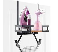 YedZen Ironing Board Holder, Wall Mount or Over Door Ironing Board Hanger for T&V Shape, with Storage Basket, Removable Hooks and Wooden Base, Iron Holder for Laundry, Utility Room