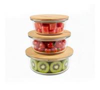 YedZen Meal Prep Glass Containers with Bamboo Lids, 3 Pack Assorted Sizes | Borosilicate Glass with Airtight Wooden Lids, Microwave, Oven, Fridge＆Dishwasher Safe, Food Storage, 320/520/800ml, Circle