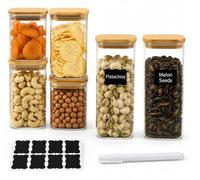 YedZen Set of 6 Square Glass Storage Jars with Airtight Bamboo Lids, Glass Containers with 3 Sizes 350ml 800ml 1000ml Large for Kitchen, Food Storage Flour Pasta Sugar Cookie Cereal