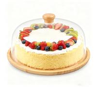 YedZen Wood Cake Stand with Dome Lid, 11inch Wooden Cake Plate with Acrylic Cover＆ Wood Handle, Flat Cake Display Stand for Cakes, Party Wedding, Birthday, Cheese Boards