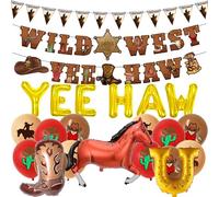 Yee-haw Western Cowboy Decoration Set - 24 Pcs Wild West Party Decor Triangle banner Hat Boots Yee Haw Horse Foil Balloons for Cowboy Themed Western Baby Shower Party Supplies