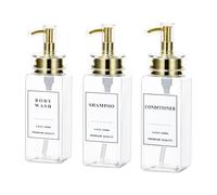 Yeeco Plastic soap Dispenser, Clear 3 Pcs Refillable Shampoo and Conditioner Bottles, Empty Shower Bottles with Pump, Labels for Shower Bathroom Kitchen, 6.8oz/200ml,Golden