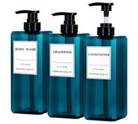 Yeeco Pump Bottle Dispenser Plastic, Large Clear 3 Pack Refillable Shampoo and Conditioner Bottles for Bathroom Hotel Kitchen, Empty Hand Soap Bottle with Labels for Shower, 27oz/800ml, Blue