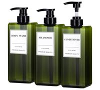 Yeeco Pump Bottle Dispenser Plastic, Large Clear 3 Pack Refillable Shampoo and Conditioner Bottles for Bathroom Hotel Kitchen, Empty Hand Soap Bottle with Labels for Shower, 27oz/800ml, Green