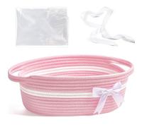 Yeeeasy Gift Basket with Bow and Bag - Home Decor Rope Storage Container for Baby Toys, 13.5"X 8.5" X 5.5" with Handles, Pink