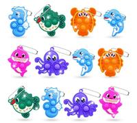 Yeefunjoy 12Pcs Pop Keyring It Fidget Toy, Marine Animal Mini Pop Keychain Bubble Sensory Toy Stress Relief Keyrings for Kids Party Favors Bag Fillers, Keychain for Girls Boys Class Prize Kids Adults