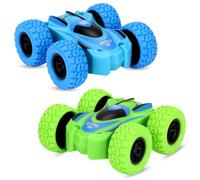 Yeefunjoy 2 Pcs Pull Back Car, Monster Trucks Double Sided Blue 360°Tumble Stunt Toy Cars, Friction Inertia Vehicles Push and Go Vehicle, Rubber Wheels Cars Birthday Gifts for 3-7 Years Old Kids Boys