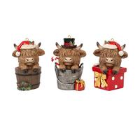 YeehaWhoo Christmas Highland Cow Figurines Decor, 3 PCS Small Christmas Cows Hidden in Barrel/Bucket/Gift Box, Hanging Ornaments Xmas Resin Statue for Garden Bathroom Kitchen Home Table Decorations