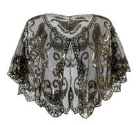 YeeHeen 1920s Shawl Sequin Beaded Evening Cape Cover Up Sparkly Party Shawl for Women Black Gold 2