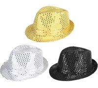 YeeHeen 3 Pieces Sequin Fedora Hat Unisex Western Dance Jazz Hat Shining Sequin Disco Cap Set B Black Silver Gold