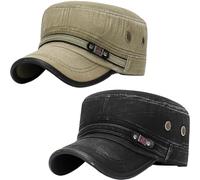YeeHeen Cadet Army Hat 2 Pieces Flat Top Cap Unisex Military Hat for Women Men Black E + Army Green E