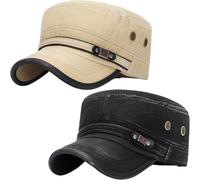 YeeHeen Cadet Army Hat 2 Pieces Flat Top Cap Unisex Military Hat for Women Men Black E + Beige E