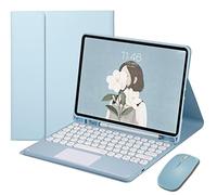 YEEHi iPad 6 iPad 5 Air 2 Pro 9.7 inch Touchpad Keyboard Case Retro Round Key with Mouse Cute Color Keyboard with Trackpad 6th 5th Generation Detachable Touch Keyboard Cover (Blue)