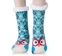 YEEKAORA Slipper Socks for Women with Non-Slip Grippers, Winter Thermal Warm Cozy Fuzzy Plush Cute Animal Indoor Socks (Green Owl)