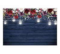 Yeele 10x6.5ft Wooden Wall Flower Backdrop for Photography Natural Navy Blue Wood Grain Red White Flower Lamp Rustic Floral Background for Wedding Birthday Party Decoration Portrait Photo Shoot Props