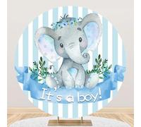 Yeele 6.5x6.5ft Blue Elephant Baby Shower Round Backdrop Blue and White Stripe Floral Gender Reveal Photography Background for Newborn Boy Gender Reveal Baby Shower Decoration Photo Shoot Prop